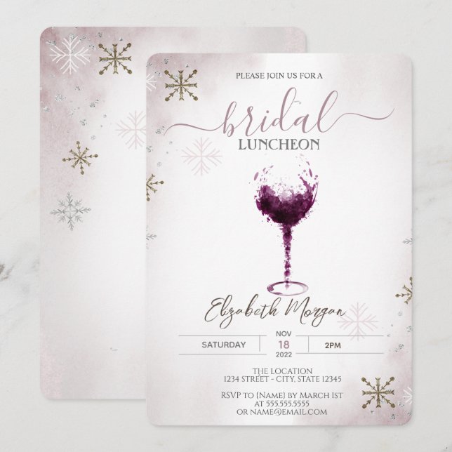 Burgund Wine Glass Snowflakes Einladung (Vorne/Hinten)