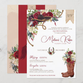 Burgund Winter Floral Western Charro Quinceanera Einladung