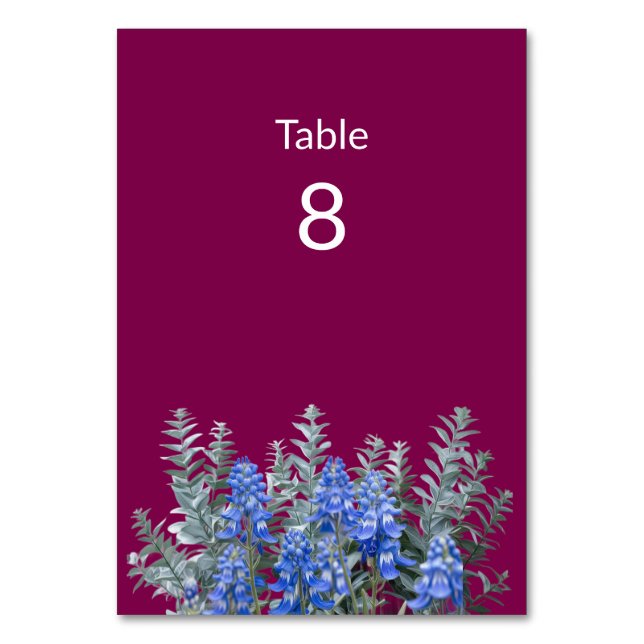 Burgund Winter Wedding mit Bluebonnet Tischnummer (Vorderseite)