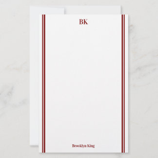 Burgund-Zweifachlinien-Monogramm & Name Briefpapier
