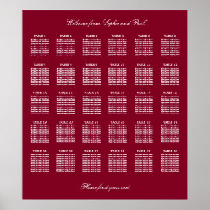 Burgunder 30-Tisch-Hochzeits-Sitzplan-Poster Poster