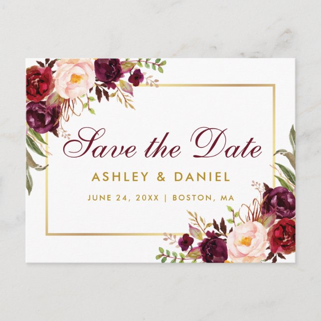 Burgunder-Aquarell-Gold Save the Date Ankündigungspostkarte (Vorderseite)