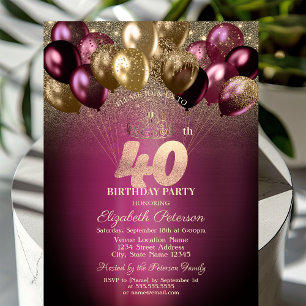 Burgunder Ballons Glitter 40. Geburtstag Einladung