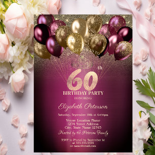 Burgunder Ballons Glitter 60. Geburtstag Einladung