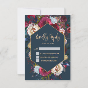Burgunder Blau Pfirsich Blumenrahmen Hochzeit RSVP Karte