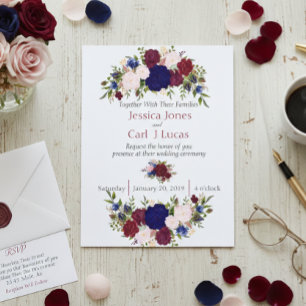 Burgunder Blaues Florales Aquarell Hochzeitsbudget Flyer
