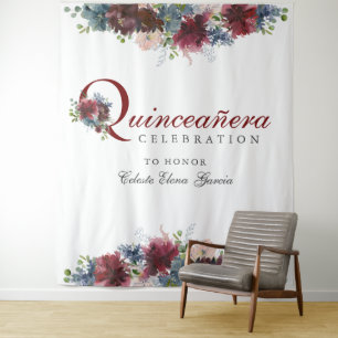 Burgunder Blaues Florales Quinceanera-Foto Hinterg Wandteppich