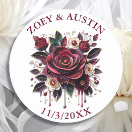 Burgunder Blume, Blätter und Perlen Personalisiert Runder Aufkleber