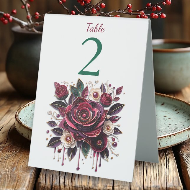 Burgunder Blume, Blätter und Perlen Personalisiert Tischaufsteller (Von Creator hochgeladen)