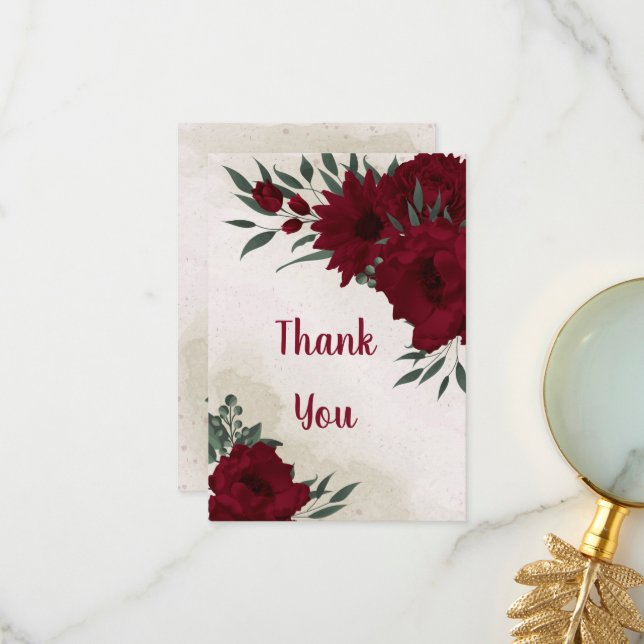 Burgunder Blume Grünpflanzen Dankeskarte (Vorderseite/Rückseite Beispiel)