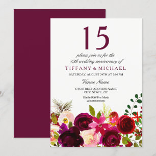 Burgunder Blumen 15. Hochzeitstag Einladung