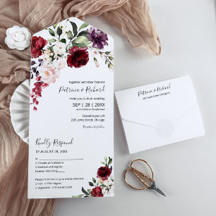 Burgunder Blumen Aquarell Elegante Hochzeit All In One Einladung