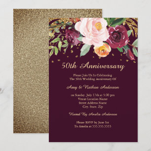 Burgunder Blumen Glitter 50. Hochzeitstag Einladung