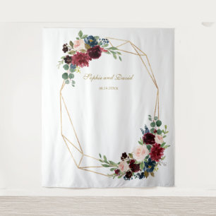 Burgunder Blumen Gold Hochzeits-Fotobooth-Hintergr Wandteppich