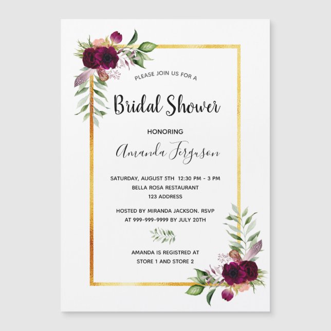 Burgunder Blumen goldene Vegetation boho Brautpart Magnetkarte (Vorderseite)