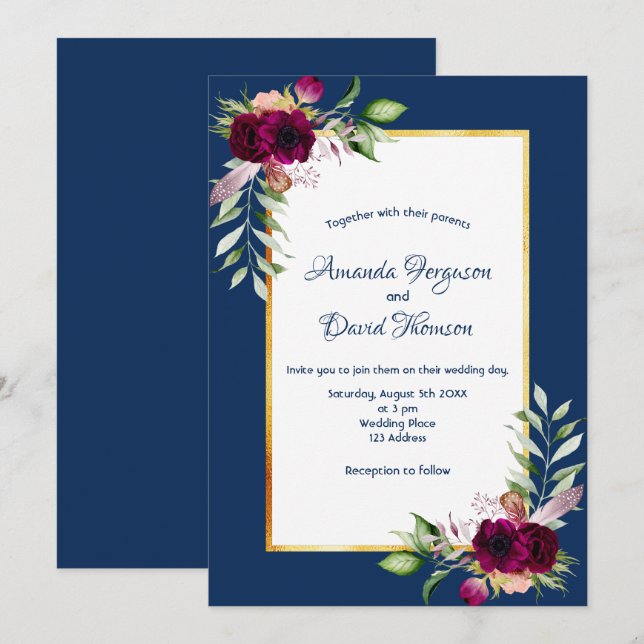 Burgunder Blumen goldenes Grün boho blauer Hochzei Einladung (Vorne/Hinten)