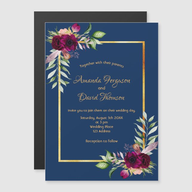 Burgunder Blumen goldenes Grün boho blauer Hochzei Magneteinladung (Vorne/Hinten)