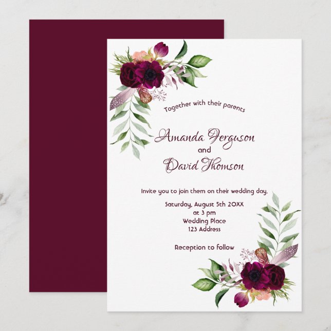 Burgunder Blumen goldenes Grün boho Hochzeit Einladung (Vorne/Hinten)