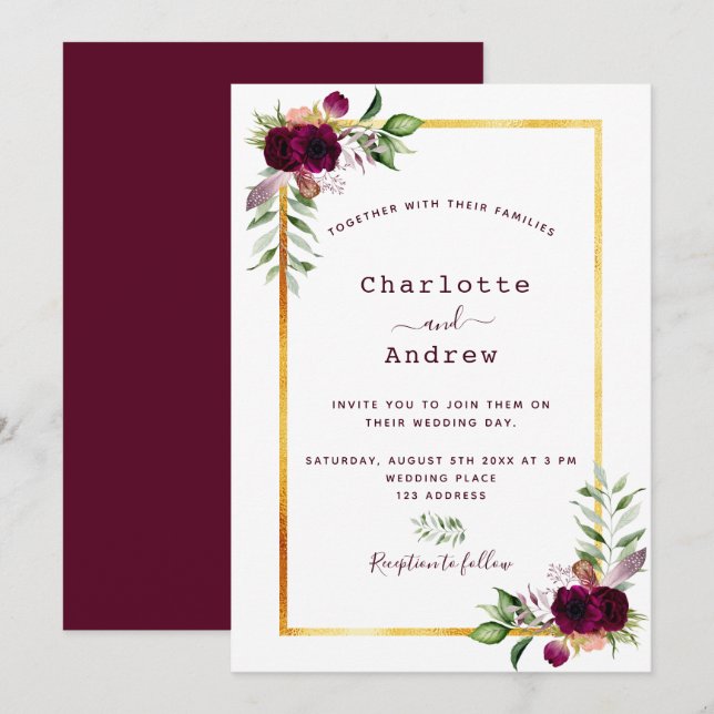 Burgunder Blumen goldenes Grün boho Hochzeit Einladung (Vorne/Hinten)