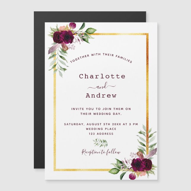 Burgunder Blumen goldenes Grün boho Hochzeit Magneteinladung (Vorne/Hinten)