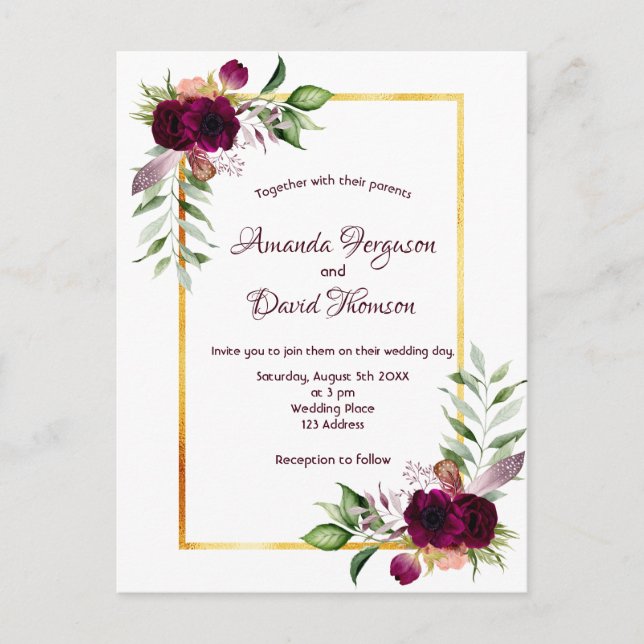 Burgunder Blumen goldenes Grün boho Hochzeit Postkarte (Vorderseite)