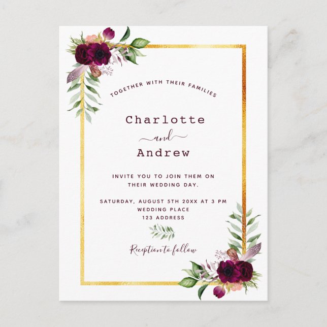 Burgunder Blumen goldenes Grün boho Hochzeit Postkarte (Vorderseite)