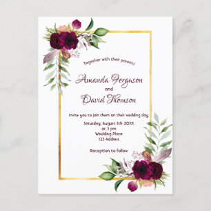 Burgunder Blumen goldenes Grün boho Hochzeit Postkarte