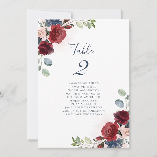 Burgunder Blumen Hochzeitsskript Tischnummer (Vorderseite)