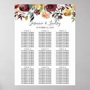 Burgunder Blumen Hochzeitstischplan für neun Tisch Poster