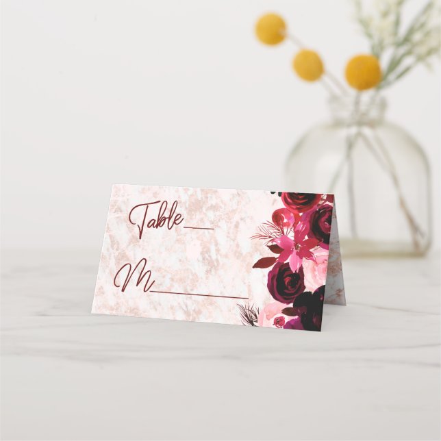 Burgunder Blumen & Rose Gold Sitzplätze Tischnumme Platzkarte (Vorderseite)