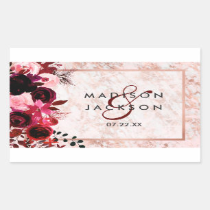 Burgunder Blumen & Roségold Hochzeitsmonogramm Rechteckiger Aufkleber
