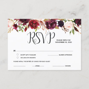 Burgunder Blumen RSVP, Antwort, Antwortkarten Begleitkarte