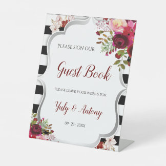 Burgunder Blumen Schwarz-Weiß-Gestreifte Gästebuch Sockelschild