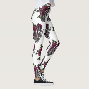 Burgunder Blumen-Skelett-Hand Gothic Leggings