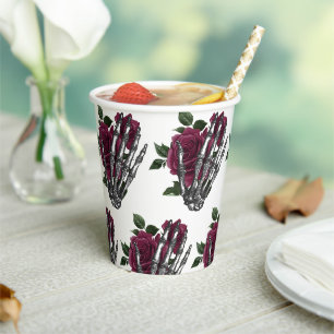 Burgunder Blumen-Skelett-Hand Gothic Pappbecher