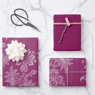 Burgunder Blumen-Spitze Brautparty Geschenkpapier Set