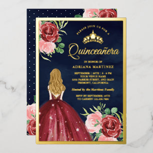 Burgunder Blumenkleid Navyblau Quinceanera Gold Folieneinladung