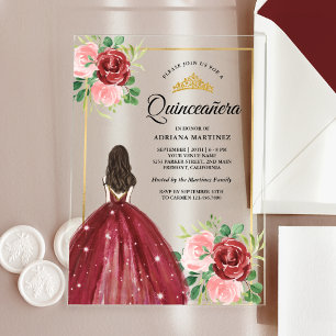 Burgunder Blumenkleid Prinzessin Gold Quinceanera Acryleinladungen