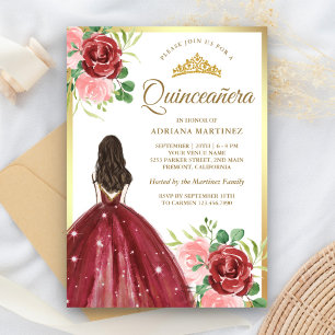 Burgunder Blumenkleid Prinzessin Gold Quinceanera Einladung