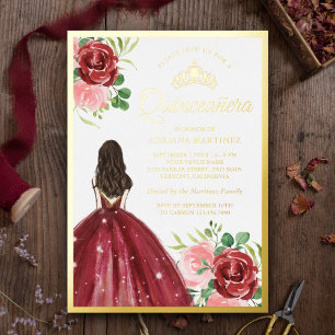Burgunder Blumenkleid Prinzessin Quinceanera Gold Folieneinladung