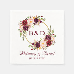 Burgunder-Blumenkranz-Monogramm-Hochzeit Serviette
