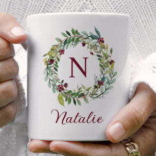 Burgunder Blumenkranz Name und Initiale Kaffeetasse