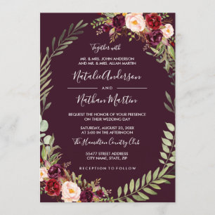 Burgunder Blumenkranz Wasserrahmen Hochzeit Einladung