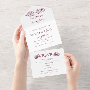 Burgunder Blumenrahmen Initialen weiße Hochzeit All In One Einladung