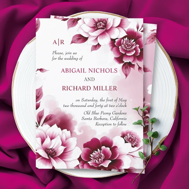 Burgunder Blumenrahmen und Aquarellwasser Hochzeit Einladung (Von Creator hochgeladen)
