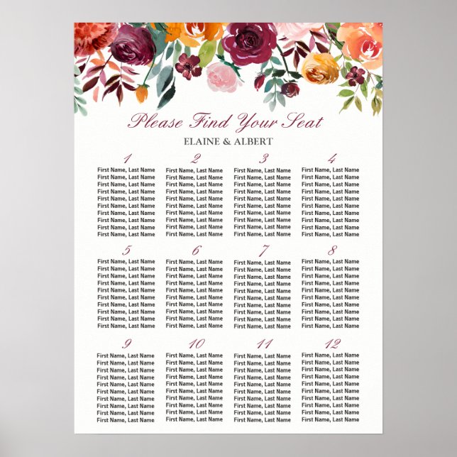 Burgunder Blumenstrauß 12 Tische Hochzeitstabelle Poster (Vorne)