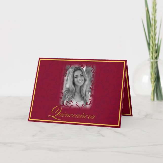 Burgunder Blumenweine mit Foto quinceanera Karte (Vorderseite)