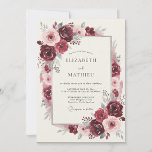 Burgunder-Blüten-Romantik-Hochzeit Einladung