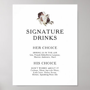 Burgunder Boho Blumen Signature-Getränke Schild