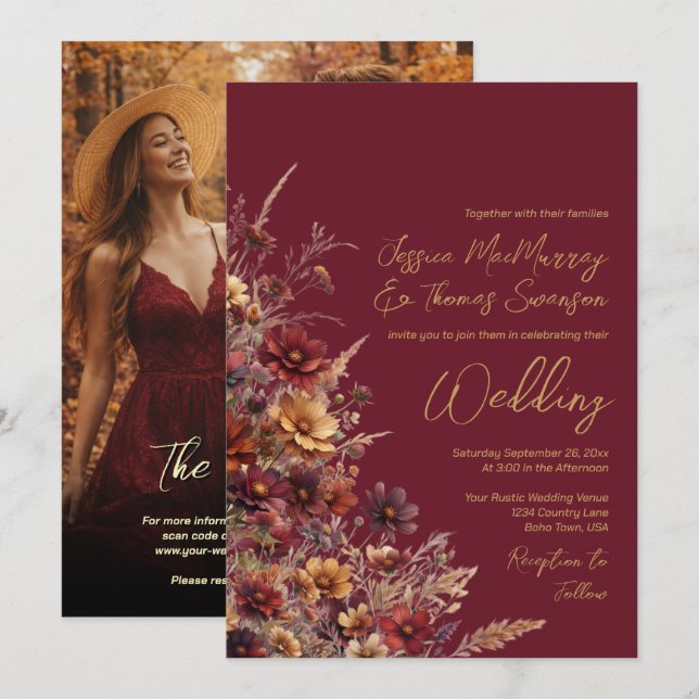 Burgunder Boho Wildblumen & Foto-QR-Code-Hochzeit Einladung (Vorne/Hinten)